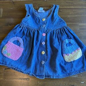 Vintage Denim Dress Flower Basket Accent Buttons Colorful Paster 18M Baby Jean